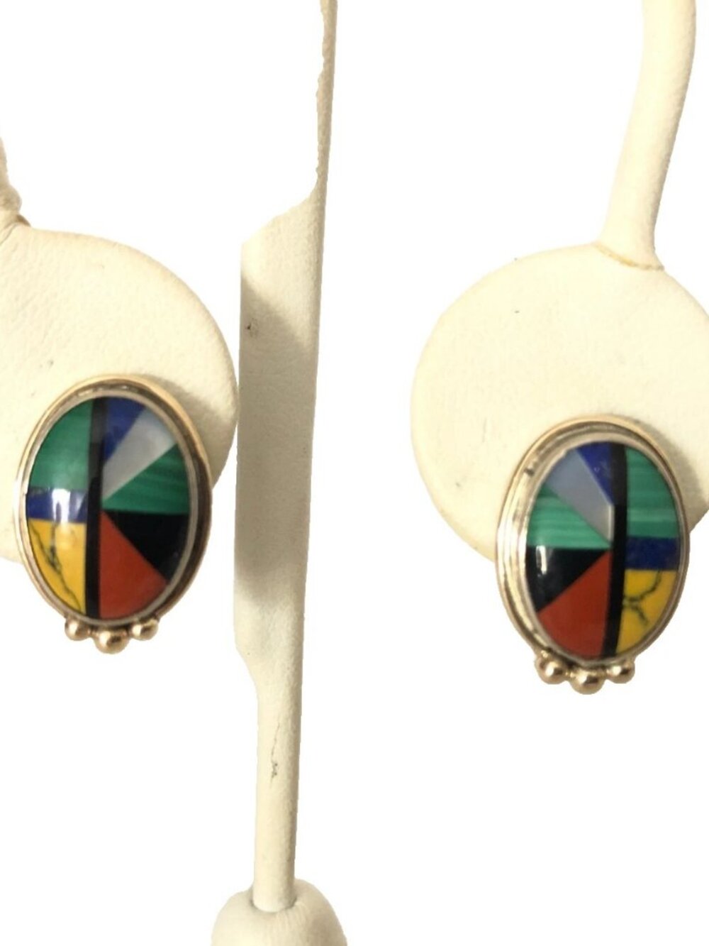 Southwestern Oval Gemstone Geometric Inlay Sterling Silver 925 Post Earrings